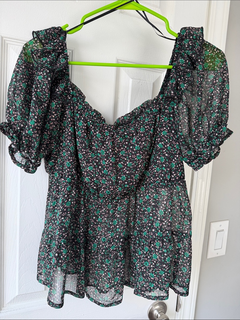 miami Black Floral Puff Sleeve Square Neck Blouse